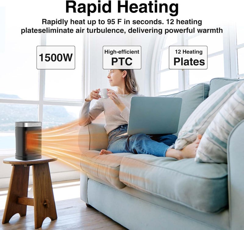 WINHL Portable PTC Ceramic Space Heater - Fast Heating, 70° Oscillation, Remote Control, 3 Heating Modes, Suitable for Office and Bedroom - Image 3